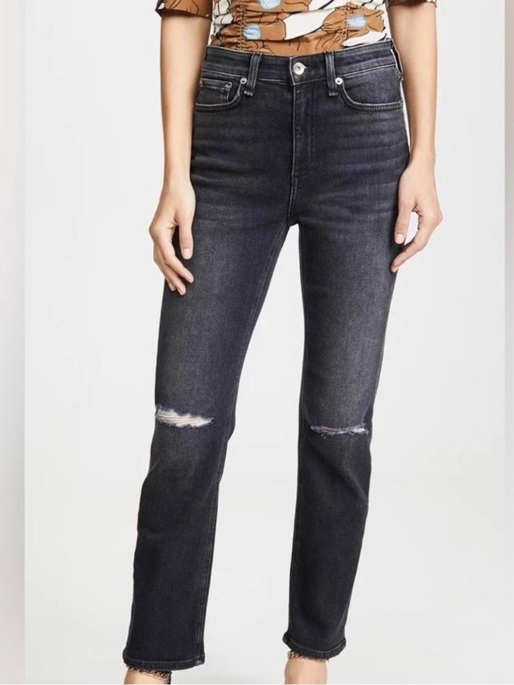 rag & bone Women’s Black Straight Jeans with Knee Rips